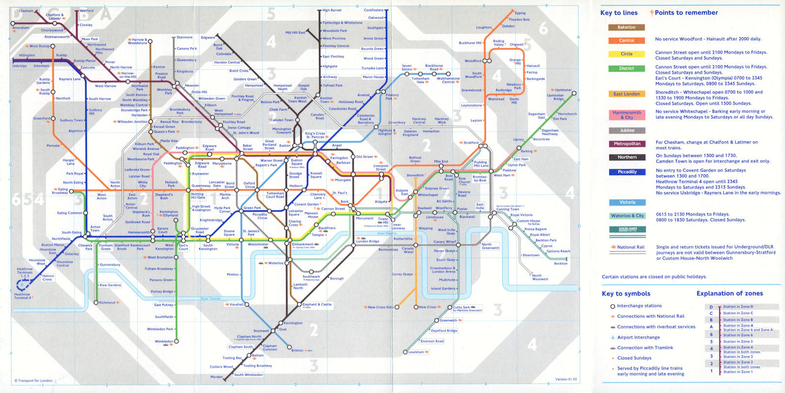 LONDON UNDERGROUND tube map. Fare zones shown. January 2003 old vintage